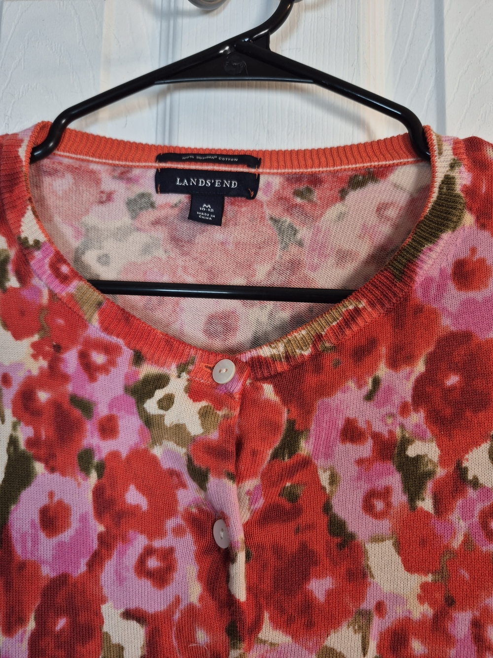 ​Lands' End Floral Supima Cotton Cardigan Sweater M Grandmacore Preppy Red Pink - Picture 4 of 5